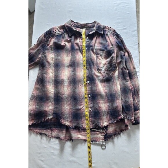 Free‎ People Womens XS Plaid Distressed Stud Longsleeve Button Down Top - Picture 2 of 14